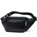 Men's retro black genuine leather waist bag, multi-pocket casual chest bag variant. - Black (Sheepskin)