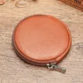 Ronde echt lederen muntportemonnee, kleine vintage rits portemonnee, compacte wisselgeld tas. - Bruin