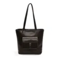 Borsa shopper in pelle marrone scuro con tasca frontale, doppia tracolla, uso quotidiano - Caffè