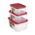 Set of 3 square plastic food storage containers with red lids for kitchen fridge organization. - 2113 / Brick Red