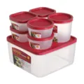 Plastic food storage container set with red lids for kitchen fridge food organization use. - 2153 / Brick Red