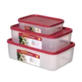 Plastic food storage container set with red lids, ideal for refrigerator organization and fruit. - 2111 3-Piece Set / Brick Red