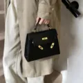 Femme noir cuir verni Kelly sac à main rétro mode bandoulière élégant sac porté épaule - L / Noir