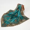 Women's 90cm leopard and baroque chain print satin square scarf, luxurious vintage style. - 90x90cm / New Emerald Green