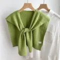 Detailed shot of green knitted fake collar shawl over white shirt, stylish shoulder wrap. - Long Chain Style / Grass Green