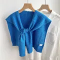 Blue knitted shoulder wrap scarf fake collar, solid color cozy winter neck warmer accessory. - Long Chain Style / Sapphire Blue