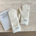 Manoplas de invierno para mujer de color liso acogedoras con puños de felpa guantes de punto - Talla única / Crema