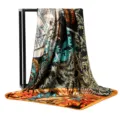 Detail view of a luxury style tropical botanical print silk square scarf, 90cm large. - 90x90cm / 29