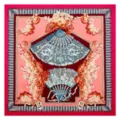 Luxurious silk square scarf featuring elegant folding fan and floral patterns in pink. - 3#