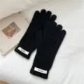 Black knit gloves winter warm thick cable-knitted touch screen touchscreen mittens for women. - Black