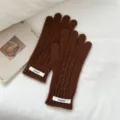 Detailed view of brown cable knit winter gloves with cozy texture and neat wrist label. - Brown