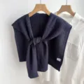 Dark blue knitted fake collar shawl, cozy cable knit texture with front knot, stylish layering. - Long Chain Style / Navy Blue