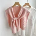 Pink cable knit false collar shawl, stylish knitted cape accessory for women's layering shirts. - Long Chain Style / Tender Pink
