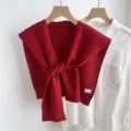 Red knitted mini shawl fake collar and white shirt match for autumn winter fashion daily wear. - Long Chain Style / Red