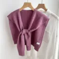 Purple knitted shawl layered over white shirt detail, elegant women winter fashion accessory. - Long Chain Style / Purple