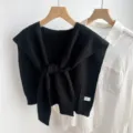 Solid color knit fake collar shawl versatile autumn winter women shoulder cape top - Long Chain Style / Black