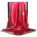 Luxury style red silk square scarf with classic chain and leopard print design for women. - 90x90cm / Black and Red (02)