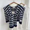 Chal de punto a rayas para mujer, diseño atado, bufanda de suéter de moda para primavera y otoño. - Rayas Azul Marino y Blanco