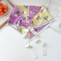 Geometric pattern satin neck scarf with pearl magnetic buckle, elegant detail view. - Pearl Buckle - Geometric Yellow Purple