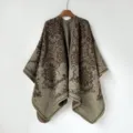 Close-up detail view of ethnic style paisley pattern thickened knit shawl scarf wrap. - MZP033-Brown