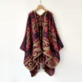 Ethnic style paisley pattern thickened knitted shawl cape for women, warm winter travel wrap. - MZP027-Patterned