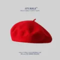 Boina clásica de lana roja para mujer, sombrero de pintor de invierno vintage sólido. - Talla única / Rojo