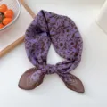 Purple brown floral small square scarf, Korean fashion elegant silk neckerchief hair wrap. - Style 01D Printed Brown Edge