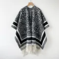 Elegant black and white leopard print poncho with stylish stripe trim and fringe hem for women. - 180*100cm / FRP049 - Black