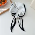 Chic black and white silk scarf, elegant geometric hair band and stylish neck accessory. - White Line
