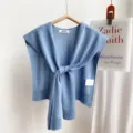 Solid color knitted shawl women summer outer wear air conditioned room shoulder hanging - Light Blue