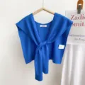 Solid color knit small shawl women summer outerwear air-conditioned room shoulder wrap stylish top - Blue