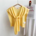 Knit shawl detail view, yellow summer air-conditioned room cardigan cover-up tie design. - Light Yellow
