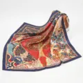 Vintage style large square silk scarf with ornate narrative tree pattern and blue border. - 90x90cm / 23