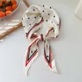 Polka dot silk scarf neckerchief and hair band in white with black dots and red stripes. - Beige Two-Tone Frame Dot