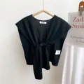 Stylish black knit small shawl for women, perfect summer air-conditioned room outerwear. - Black