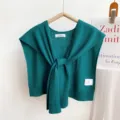Solid color knitted small shawl sweater fake collar stylish versatile drape accessory for women - Lake Green