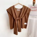 Solid color knitted shawl for women, stylish summer air-conditioning room cover-up, chic fake collar. - Brown
