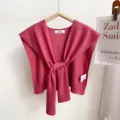 Women Knitted Shawl Solid Color Tied Scarf Summer Air Conditioning Room Outerwear Fashion - Deep Pink