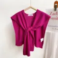 Solid color knit small shawl women summer outer wear air conditioning room shoulder accessory - Rose Red