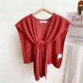 Knit shawl detail, solid color decorative draped scarf, elegant layering fashion accessory - Brick Red