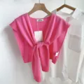 Solid color knit small shawl for women summer outer wear knitted shoulder wrap pink top. - Hot Pink