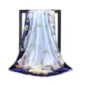 Blue and white printed silk square scarf, 90x90cm elegant women's satin headwear. - 90x90cm / 30