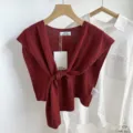 Solid color knitted small shawl women summer outerwear air-conditioned room tie style fashion decoration - Dark Red
