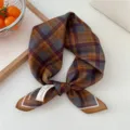 Retro plaid cotton linen small square scarf, vintage literary style neck scarf for women. - Orange Plaid