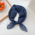 Blue cotton linen square scarf with floral print, versatile summer bandana and neckerchief. - Navy Floral