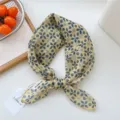 Yellow cotton linen square scarf retro floral print neckerchief stylish hair accessory kit - Yellow Floral