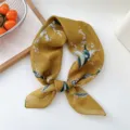 Yellow floral small square scarf for women, breathable spring summer neckerchief wrap. - Style 16D Green Leaf Pearl Flower