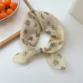 Beige floral print small square scarf breathable soft linen neckerchief for women spring summer - 08 Beige Brush Floral