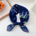 Blue floral silk square scarf, elegant lightweight hair wrap neckerchief for spring summer. - Style 19D Green Leaf Pearl Flower Navy