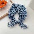 Light blue floral small square scarf for women, breathable cotton linen hair band and neckerchief variant. - 11 Navy Leaf Floral
